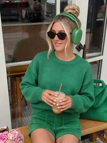 SEREN Women's Vintage Back V-Neck Single-Breasted Knit Cardigan, Autumn/Winter New Loose Slouchy Sweater Jacket, Daily Wear - Green - View 8