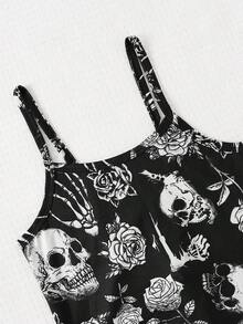 Tween Girl Halloween Lace Jacket And Funny Skeleton Print Spaghetti Strap Dress Set - Black and White - View 7