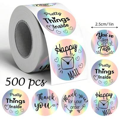 500pcs Holographic English Thank You Doodle Roll Stickers, 1 Inch Round "Happy Mail" "Pretty Things Inside" "Thank You For Your Order", Perfect For Baking Gift Box Sealing, Souvenir Packaging, Scrapbooking, Creative Express Packaging, Market Stall Decoration