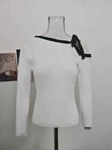 Elegant White Asymmetrical Shoulder Contrast Color Long Sleeve Knit Sweater, Slim Fit Inner Layer Top For Women, Autumn/Winter Sweater, Halloween - White - View 7