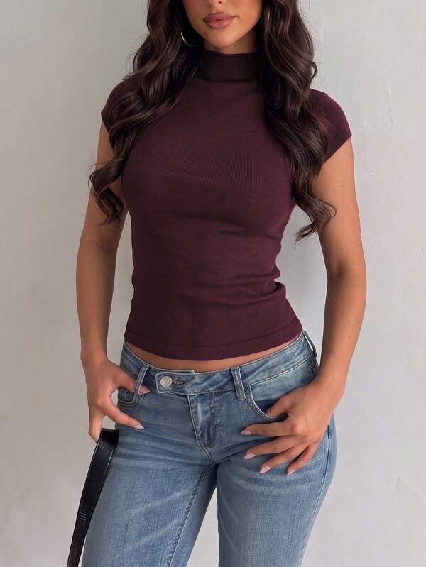 Elegant Casual Minimalist Old Money Style Daily Home Commute High Neck Short Sleeve Knit Top, Elegant Women's Blouses, Autumn Outfit For Women