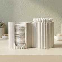 Minimalist Striped Cosmetic Storage Box, Creative Cotton Swab Organizer, Two-In-One Bathroom Swab Container, Countertop Organizing Supplies, Bedroom Vanity High-V Decoration, Mother's Day Gift, Modern Cream Style New Home Gift - A - View 3