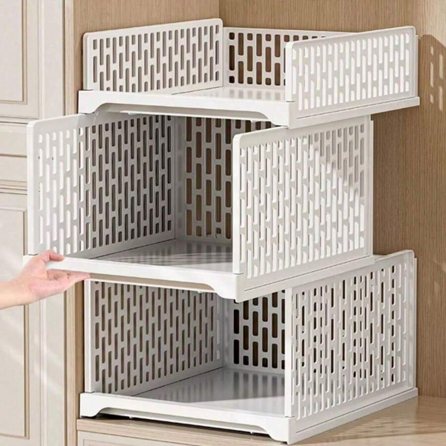 1pc White Minimalist Wardrobe Storage Organizer Drawer-Style Storage Box Multi-Layer Clothes Shelf Organizer Rack Dormitory Storage Basket - White - View 1