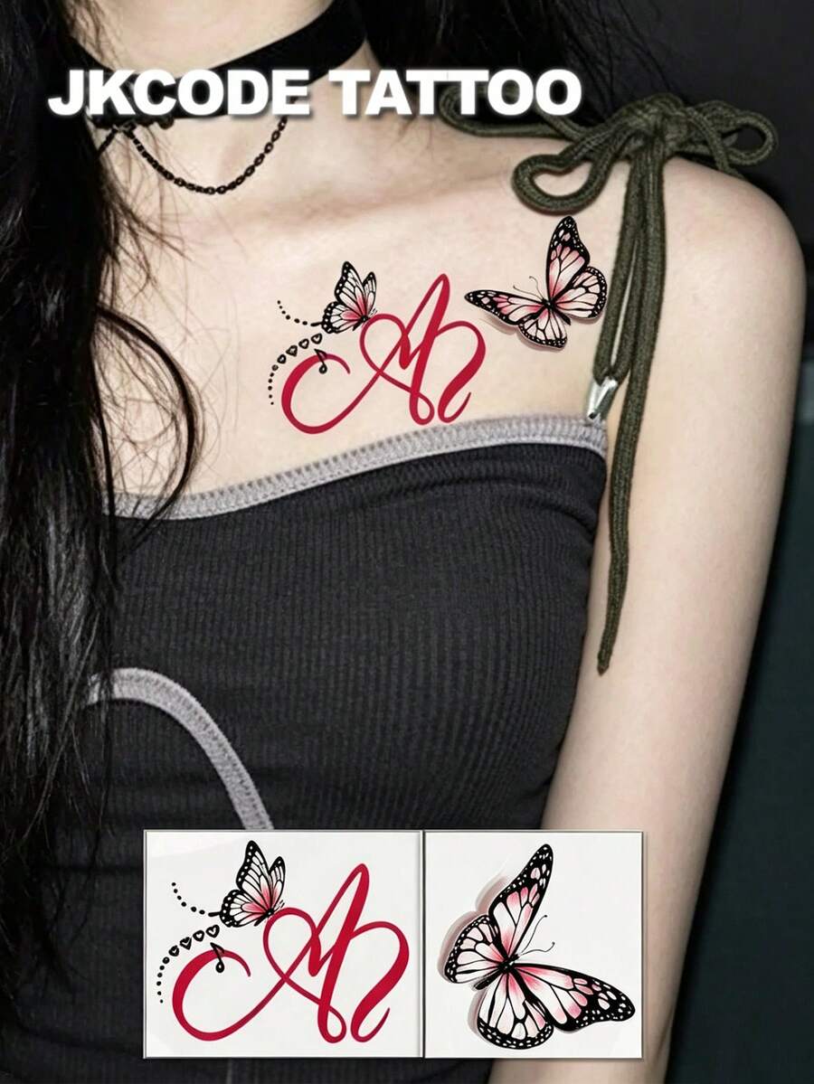 JKCODE TATTOO 2 Buah Stiker Tato Temporer 3D Realistis dengan Huruf M, Huruf A, Huruf K, Dapat Dicuci, Motif Mawar dan Huruf, untuk Bahu dan Lengan. Desain Manis, Keren, dan Romantis. Stiker Tato Cetak Berwarna Sederhana, Menggemaskan, dan Unik, Tahan 3-5 Hari. - MultiWarna - View 1