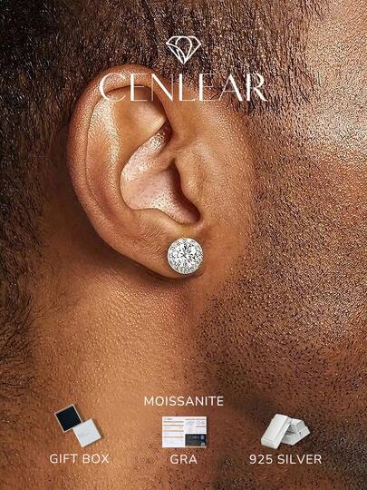 CENLEAR 2pcs Anting Tusuk Moissanite Bulat Gaya Hip-Hop Perak Sterling 925, Perhiasan Fashion Pesta Pertunangan Pengantin Unisex Hadiah untuk Pria/Wanita