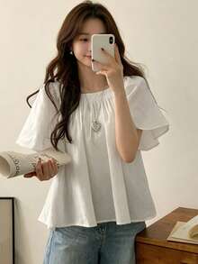YCYC Women's Summer Solid Color Minimalist Casual Loose Pleated Square Neck Blouse White - White - View 1