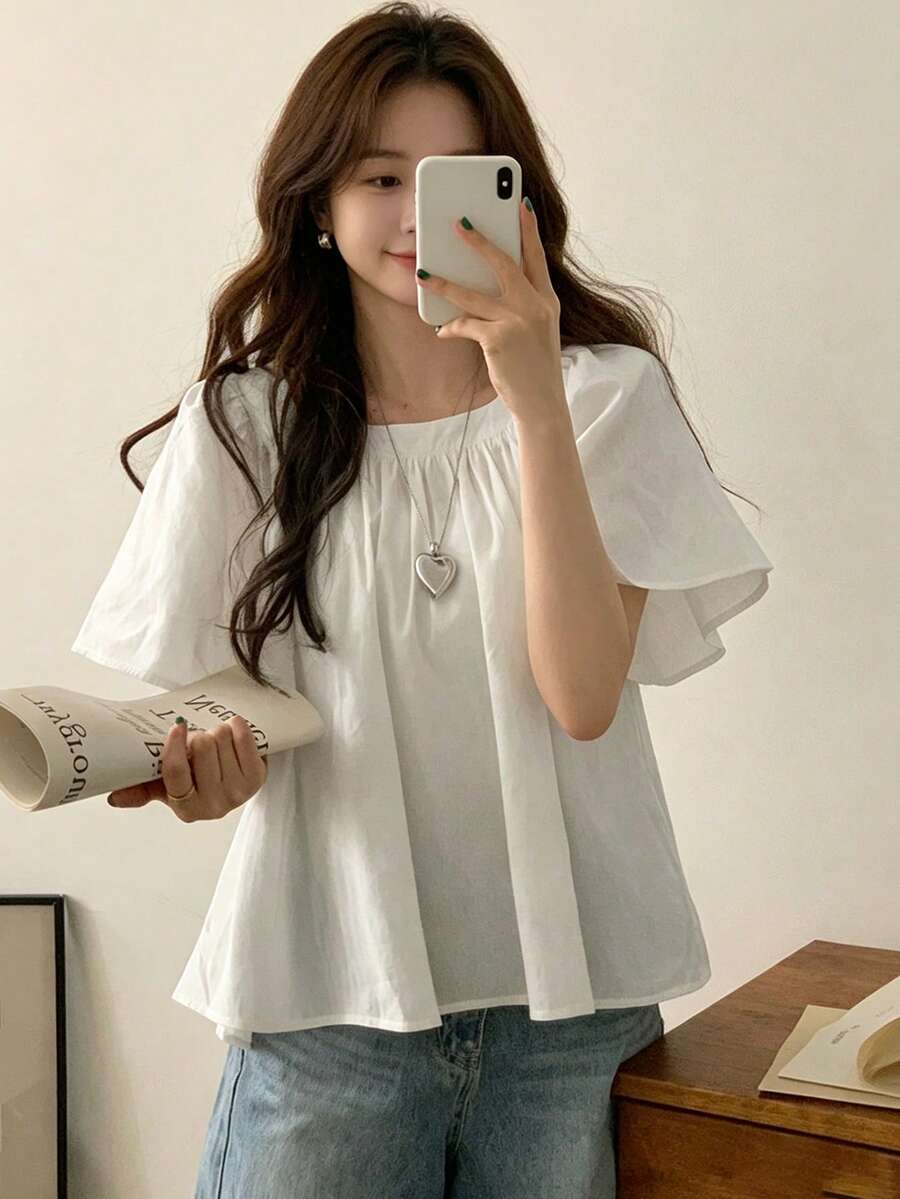 YCYC Women's Summer Solid Color Minimalist Casual Loose Pleated Square Neck Blouse White - White - View 1
