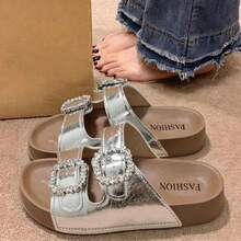 French Fairy Style Thick Sole Strap Slide Sandals For Women, 2026 New Spring/Summer Casual Vacation Beach Flat -Style Slippers - Silver - View 1