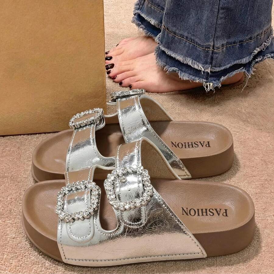 French Fairy Style Thick Sole Strap Slide Sandals For Women, 2026 New Spring/Summer Casual Vacation Beach Flat -Style Slippers - Silver - View 1