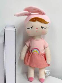 1pc 45cm/17.72in Cute Pink Rabbit Ear Plush Doll With Rainbow Embroidered Gray Strap, Soft Stuffed Sleep Companion Suitable For Girls, Cartoon Rabbit Ear Plush Doll, Ideal Birthday Gift And Bedroom Decor For Children And Toddlers - Multicolor - View 2