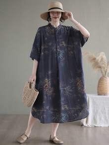 AZAH Halloween Elegant Ball 女款大尺碼夏季中長洋裝，植物印花，短袖圓領，休閒寬鬆版型，附口袋，無彈性梭織布料 - 灰色 - 查看 1