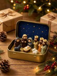 Figur Adegan Kelahiran Yesus Ukuran Saku, Set Kotak Logam. Adegan Kelahiran Yesus Mini Termasuk Keluarga Kudus, Tiga Orang Bijak, Gembala, dan Figur Hewan. Dekorasi Meja Religius Portabel dan Kenang-kenangan Natal Kristen. - Beraneka warna - View 4