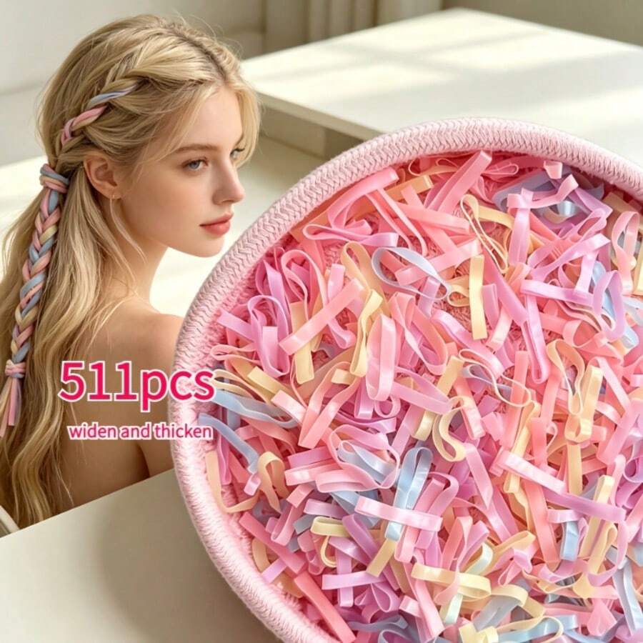511pcs Pink Macaron Color Thickened & Widened Hair Ties, Non-Damaging, Ideal Holiday Gift For Hair Styling