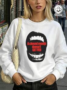 Street Style Loose Fit Crew Neck Sweatshirt With Lip Print And Letter Graphic For Young Adults, Breathable Cotton Casual Pullover For - White - View 3