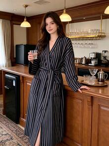 1pc Women's Minimalist Long Sleeve Bathrobe Morning Robe Sleepwear Spring Autumn New Fresh Gentle Striped Thin Loose Slouchy Loungewear - Multicolor - View 10