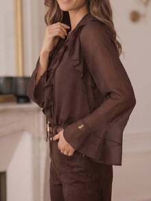Blusa de mujer con cuello en V, volantes de gasa, color marrón, semitransparente, mangas acampanadas - Marrón - Ver 6