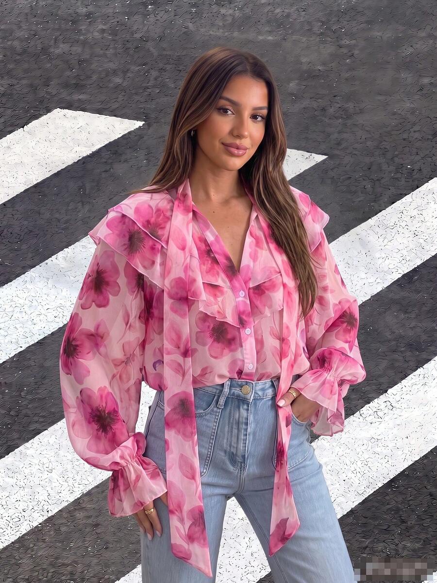 Ruffled Floral/Ruffle Trim Faux Pearl Layered Casual Ditsy Floral Shirt Pink Spring - Pink - View 1
