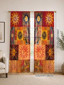 2pcs Vintage Patchwork Sun Print Semi-Sheer Curtains, Bohemian Warm Tone Plaid Sun God Pole Bag Curtains For Bedroom Floor-To-Ceiling Window Decor - Multicolor - View 15
