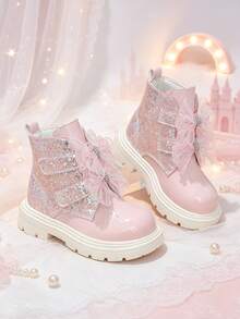 1 Pair Girls' Bowknot Rhinestone Princess Ankle Boots, Silver Pink Glitter + Mesh Bowknot Dual Hook & Loop Design, Dreamy Princess Style Boots, Suitable For School, Festivals, Parties, Autumn/Winter New - Pink - View 2