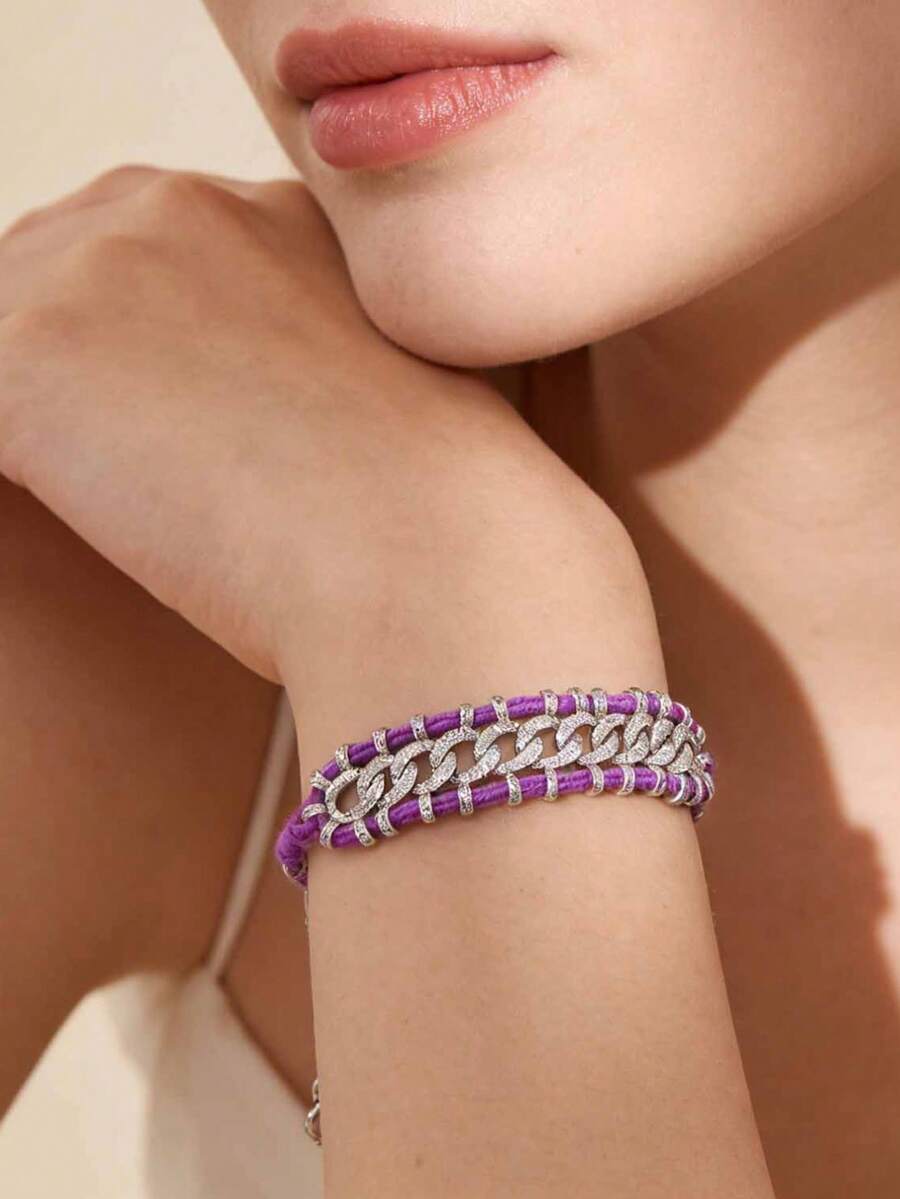 LIGHTSOME 1pc Retro Court Style Beaded Zirconia Thread Bracelet Fashion Colorful Black Pink Knitted Wool Bangle Jewelry Gift For Valentine's Day
