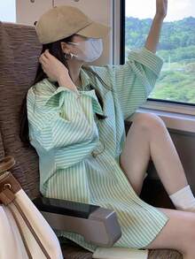 Autumn Casual Striped Drop Shoulder Loose Fit Shirt Random Patchwork - Green - View 5