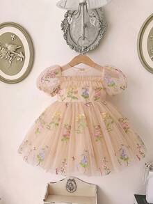 女童刺繡花瓣袖鏤空露背網紗公主裙，適合女孩生日派對、花童婚禮禮服、派對洋裝 - 金色 - 查看 10