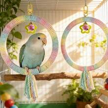 1pc Rainbow Gradient Parrot Swing, Star Pendant Tassel Design, Chewable Climbing Perch Bird Toy, Suitable For Budgies, Small Parrots And Other Birds, Suitable For Cage Play - View 2