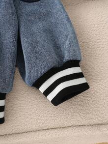 MYVLNA Unisex Baby Blue Denim Baseball Jacket, Bear & Letter/Number Patch Decor, Black & White Striped Ribbed Collar, Cuffs & Hem, Single-Breasted Snap Front, Slanted Pockets, Casual Collegiate Style - Blue - View 5