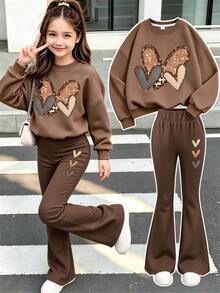 Teen Girls Casual Versatile Simple Heart & Leopard Print Crew Neck Sweatshirt With Casual Flare Leg Pants 2-Piece Set, Autumn/Winter Outfit, Homecoming Look - Brown - View 1