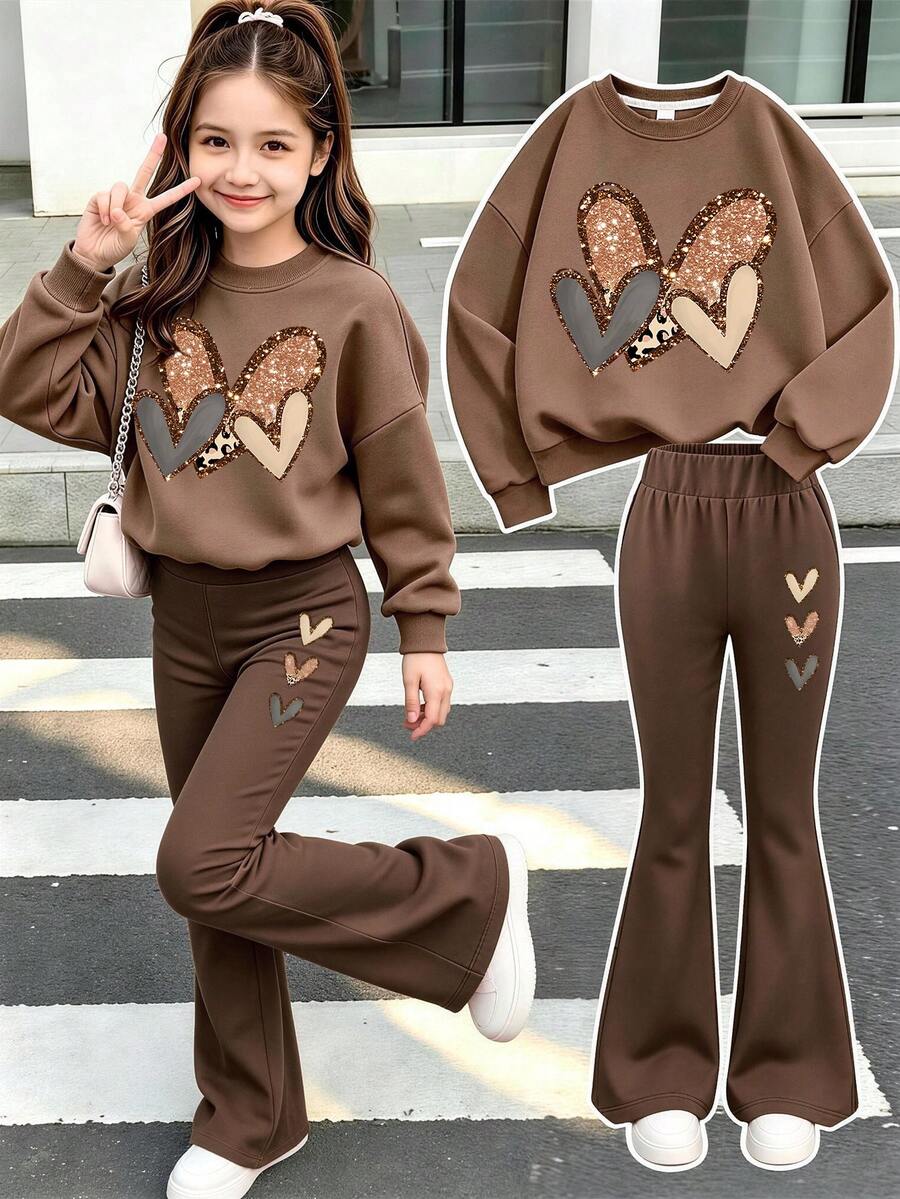 Teen Girls Casual Versatile Simple Heart & Leopard Print Crew Neck Sweatshirt With Casual Flare Leg Pants 2-Piece Set, Autumn/Winter Outfit, Homecoming Look - Brown - View 1