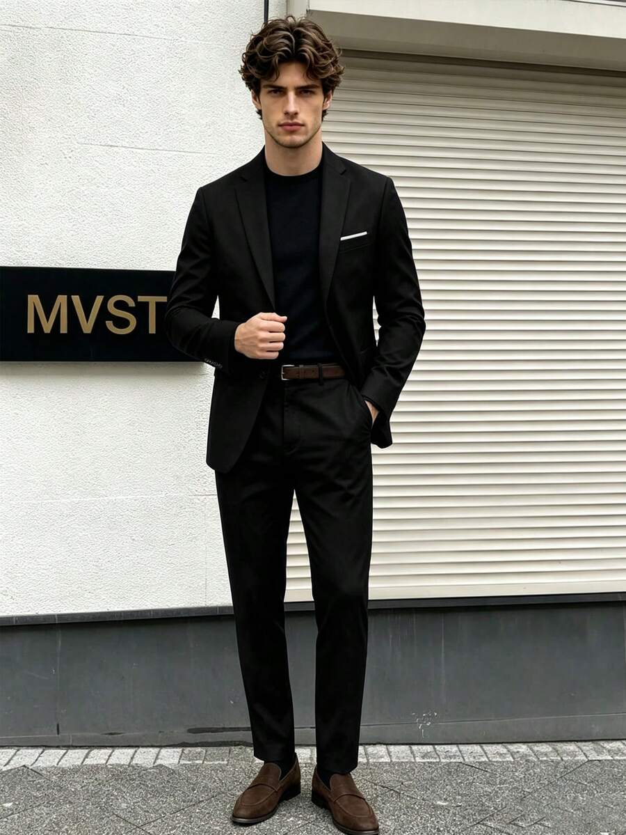 2pcs Men's Suit Set, Solid Color Shawl Neck Blazer And Classic Trousers, Suitable For Business Meetings, Graduation Ceremonies, Weddings And Parties - Black - View 1