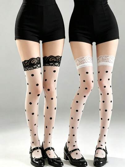 1/2 pares de calcetines por encima de la rodilla con encaje y lunares para mujer, adecuados para citas y fiestas
