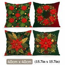 4pcs Christmas Poinsettia Pillow Covers, Wreath Colorful Ball String Light Palm Leaf Print Pattern Without Insert, Single-Sided Print Pillow Covers, Suitable For Living Room Bedroom Home Decor, All Season Pillow Covers - Multicolor - View 12
