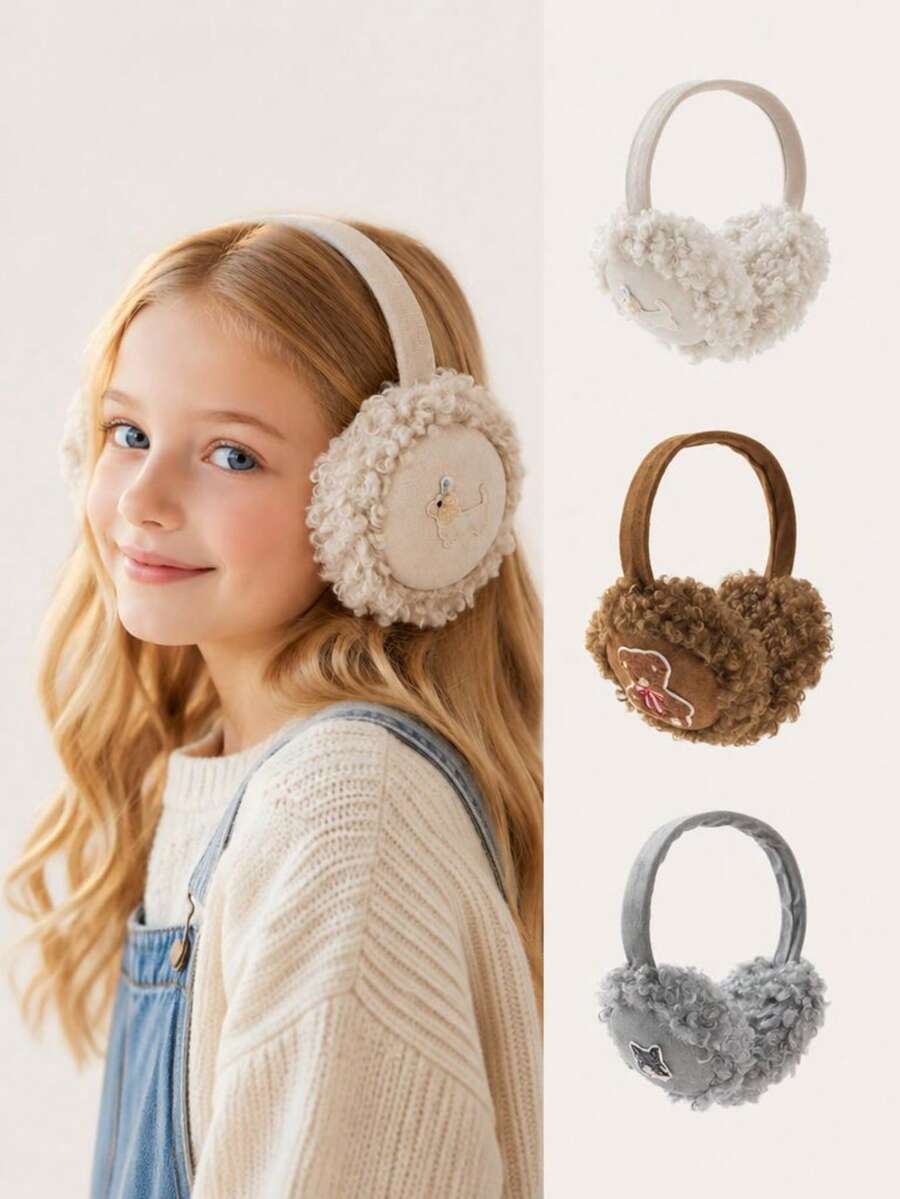 1pc Girls Curly Fur Embroidered Cute Dog Warm Earmuffs - Multicolor - View 1