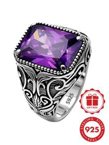S925 Sterling Silver Vintage Scroll Carved Square Purple Zirconia Men's Wide Ring, Distressed Relief Design, Personalized Ring Gift Box Set - Silver - View 9