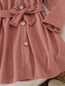 2pcs Young Girl Stylish Fashionable Turn-Down Collar Puff Sleeve Button-Up Long Sleeve With Detachable Cinched Waist A-Line Dress, Spring/Autumn - Dusty Pink - View 5