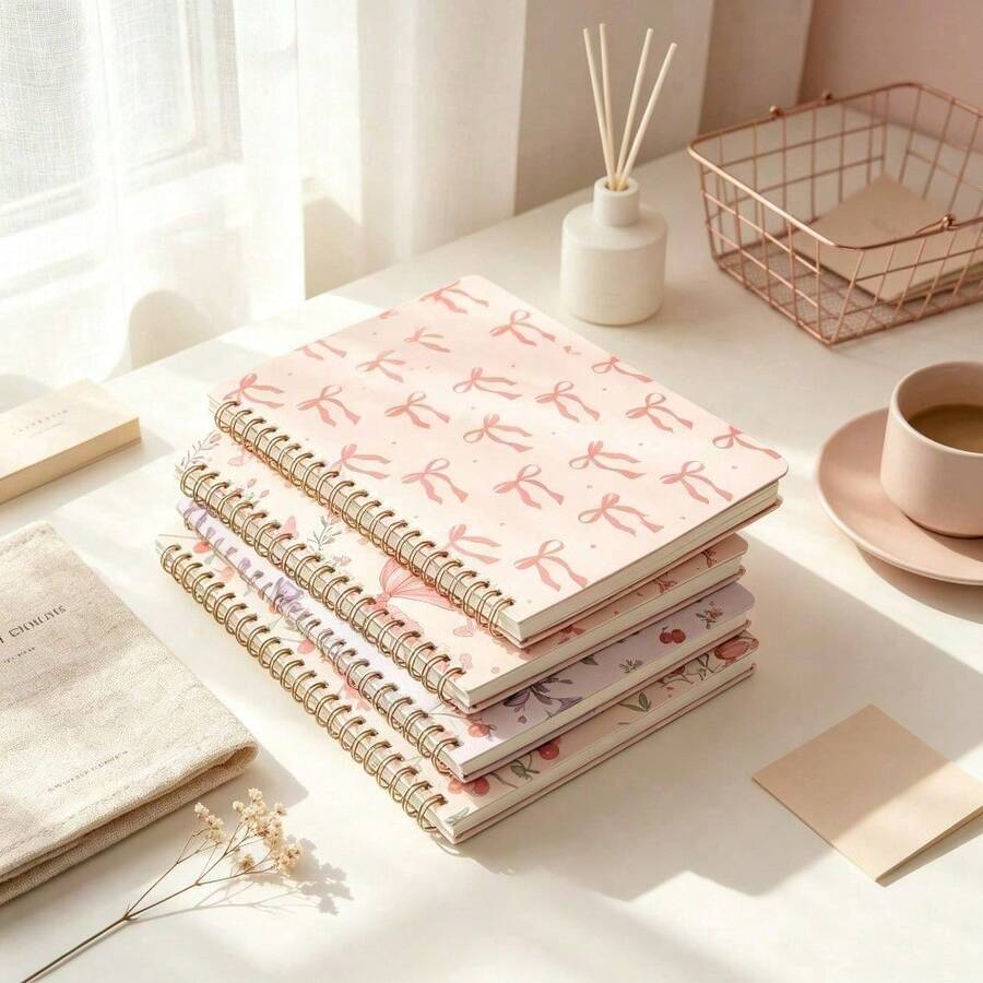 4 Packs A5 Spiral Notebooks With Cute Bowknot Cover Morandi Colors 50 Lined Pages Random Patterns Back To School Essential Office Must Have - A - View 1