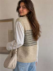 Women Fair Isle Pattern Round Neck Knit Vest, Casual Sleeveless Sweater Vest For Fall Daily Layering - Khaki - View 2