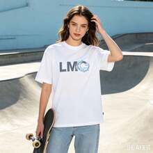 Women's Casual Loose-Fitting Cotton Fabric T Shirt,Fashionable Waterdrop Letter Pattern Printed Round Neck Short-Sleeve Street Style Top,Suitable For - White - View 1