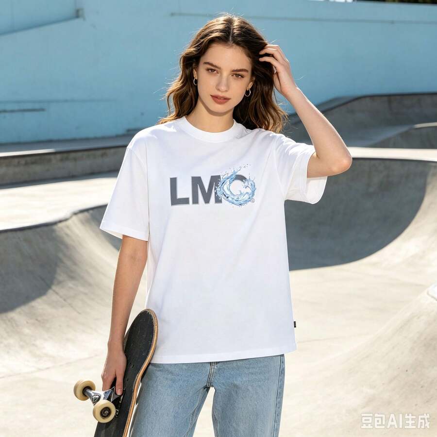 Women's Casual Loose-Fitting Cotton Fabric T Shirt,Fashionable Waterdrop Letter Pattern Printed Round Neck Short-Sleeve Street Style Top,Suitable For - White - View 1
