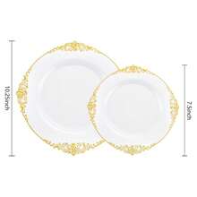 Gold Cutlery Set, 10.25 Inch Dinner Plate/7.5 Inch Side Plate, White Base With Gold Embossed Dragon Pattern Plates, Washable And Reusable Party Plates, Fruit/Cake Trays, Placemats, Stackable To Save Space. Perfect For Weddings, Parties, Birthday Gatherings, Outdoor Garden Banquets, Christmas, Thanksgiving Dinners - View 6