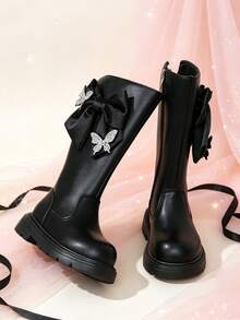 1 Pair Girls' Tall Boots, Bow & Rhinestone Butterfly Decor, Soft PU Material, Elastic Soft Sole With Inner Zipper Design, Cute Princess Style Long Riding Boots, Suitable For Daily School, Holiday Parties, Autumn/Winter New - Black - View 7