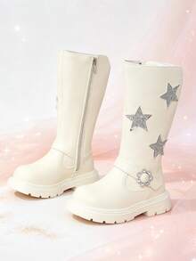 1 Pair Girls' Tall Riding Boots, Silver Star + Flower Rhinestone Decor, Elastic Soft Sole With Inner Zipper Design, Cute Princess Style Long Boots, Suitable For Daily Wear, School, Holidays, Parties, Autumn/Winter New - Apricot - View 8