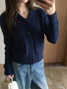 Autumn/Winter Soft & Sweet Knitted Sweater, Retro Cable Knit High-Quality Pullover For Women - Navy Blue - View 8
