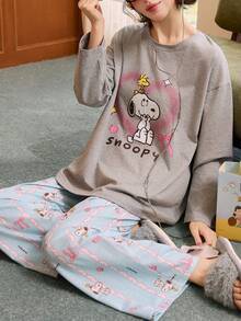 Gongdie 2pcs Snoopy Women's Pajama Set, Autumn/Winter Grey Pure Cotton Loungewear, Bow Print With Pockets - Grey - View 1