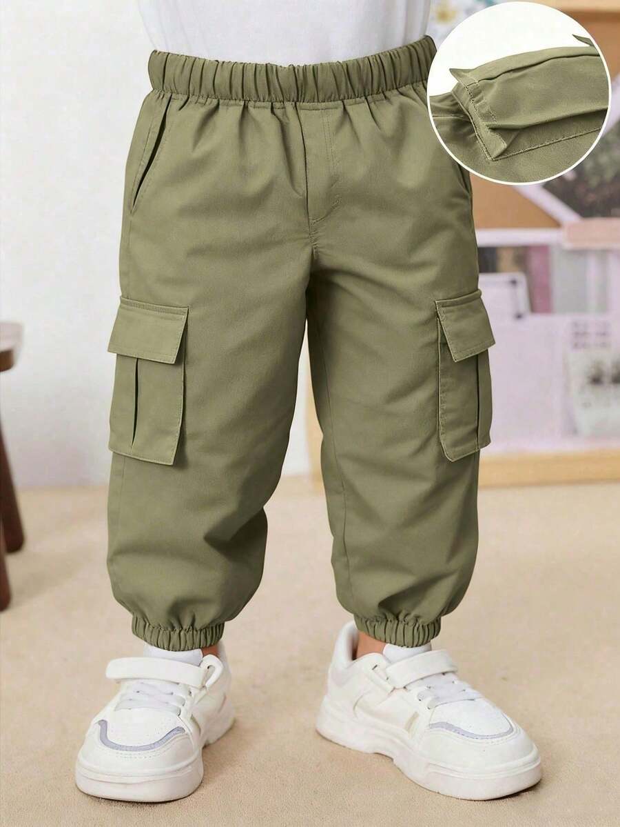 1pc Baby Boy Casual Minimalist Solid Color Elastic Waist Cargo Pants Suitable For Outdoor Spring And Autumn - Army Green - View 1