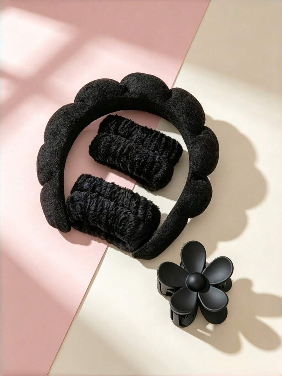 4件組女款黑色雲朵髮箍、腕帶與花朵髮夾居家髮飾套裝 - 彩色 - 查看 1