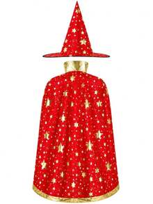 2pcs Halloween Satin Gold Foil Star Cape & Hat Set, Adult Wizard Magician Witch Costume, Stage Performance And Party Outfit - Multicolor - View 7