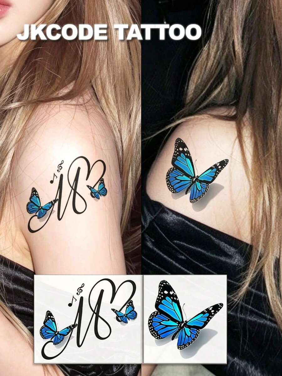 JKCODE TATTOO 2入組逼真3D蝴蝶字母M、A、K可水洗臨時紋身貼紙,玫瑰與字母設計,肩部與手臂紋身貼,甜美酷感浪漫風,簡約可愛個性彩色印花,可維持3-5天 - 彩色 - 查看 1