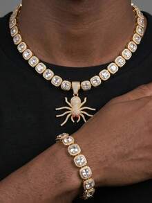 Men Halloween Gothic Bling Red Spider Jewelry , Red Square Rhinestone Necklace & Bracelet Kit For Cosplay Party - Spider Pendant - View 3